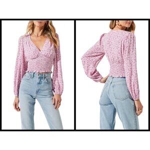 💕ASTR THE LABEL💕 Long Sleeve Ruched V-Neck Puff Sleeve Top ~ Fuchsia Floral M